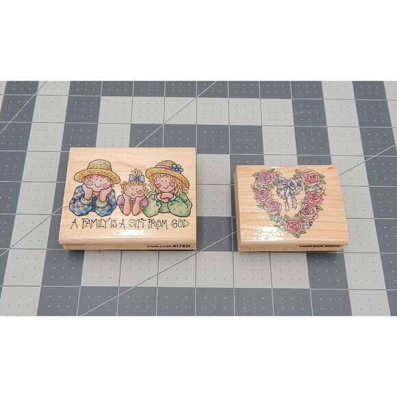 Rubber Stampede Mounted on Wood Family God Flower Heart Rubber Stamp Set of 2 - Picture 1 of 6